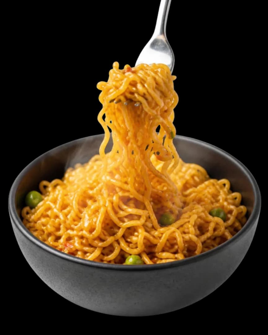 Maggi, noodles lifted on a fork